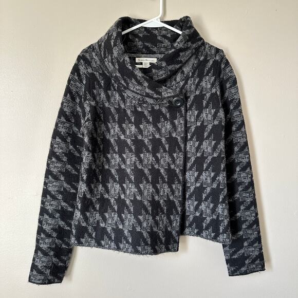 Susan Bristol Houndstooth One Button Wrap Black Gray Cardigan Sweater Womens S - Picture 1 of 9
